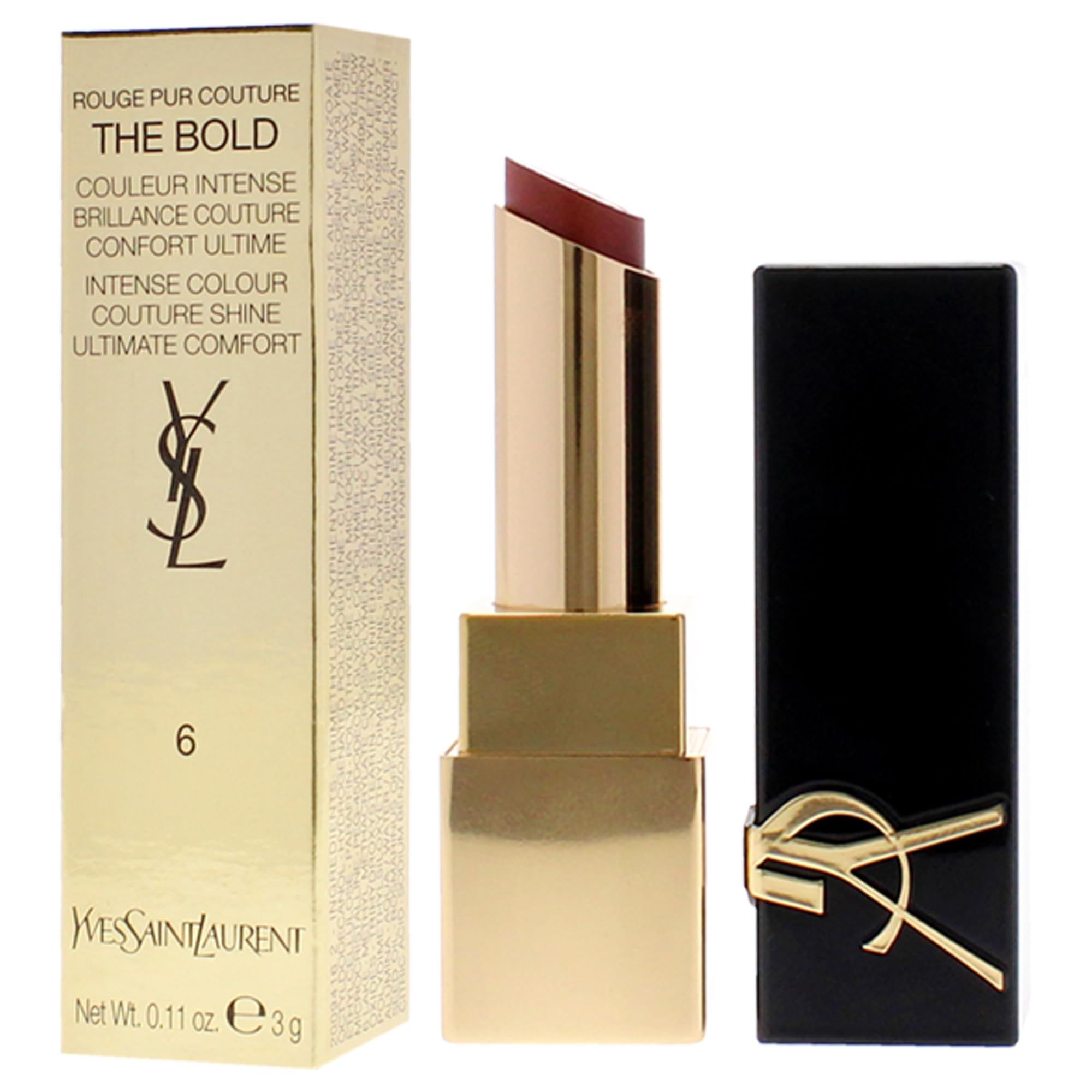 Yves Saint Laurent Lippenstift mit Verpackung. Schwarze Hülle, goldene Details. Produktname und Farbnummer 6.