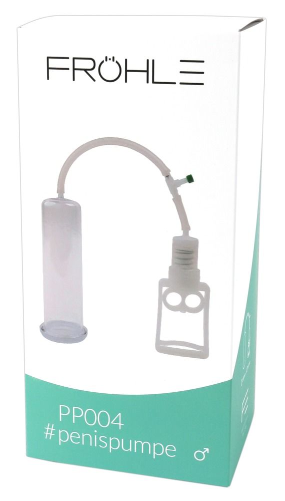 Produktverpackung mit Gerät, Zylinder, Schlauch und grünem Ventil. Text: Fröhle, PP004 #penispumpe.