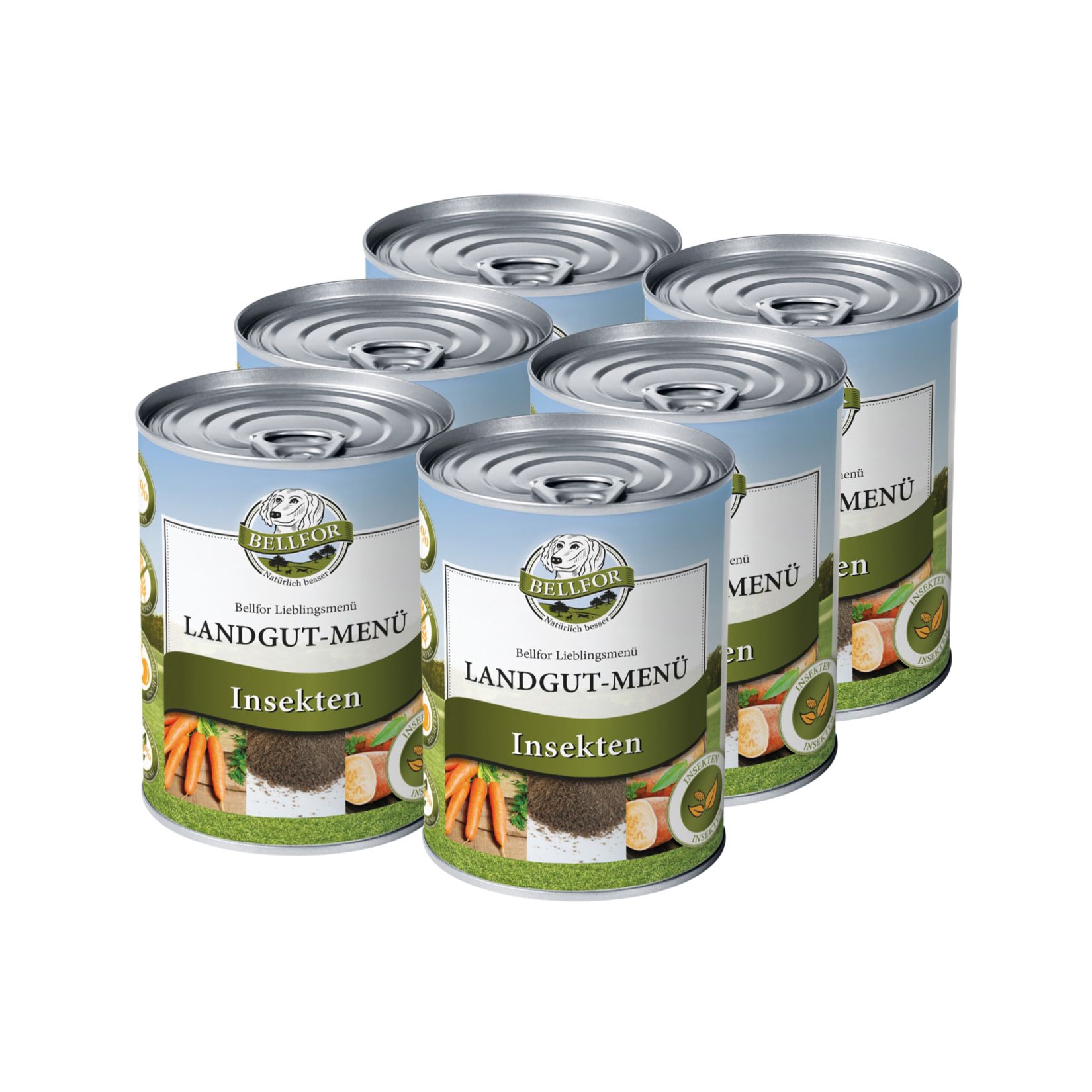Sechs Dosen Hundefutter. Aufschrift 'Landgut-Menü Insekten'. Blaue und weiße Etiketten. Deckel aus Metall.