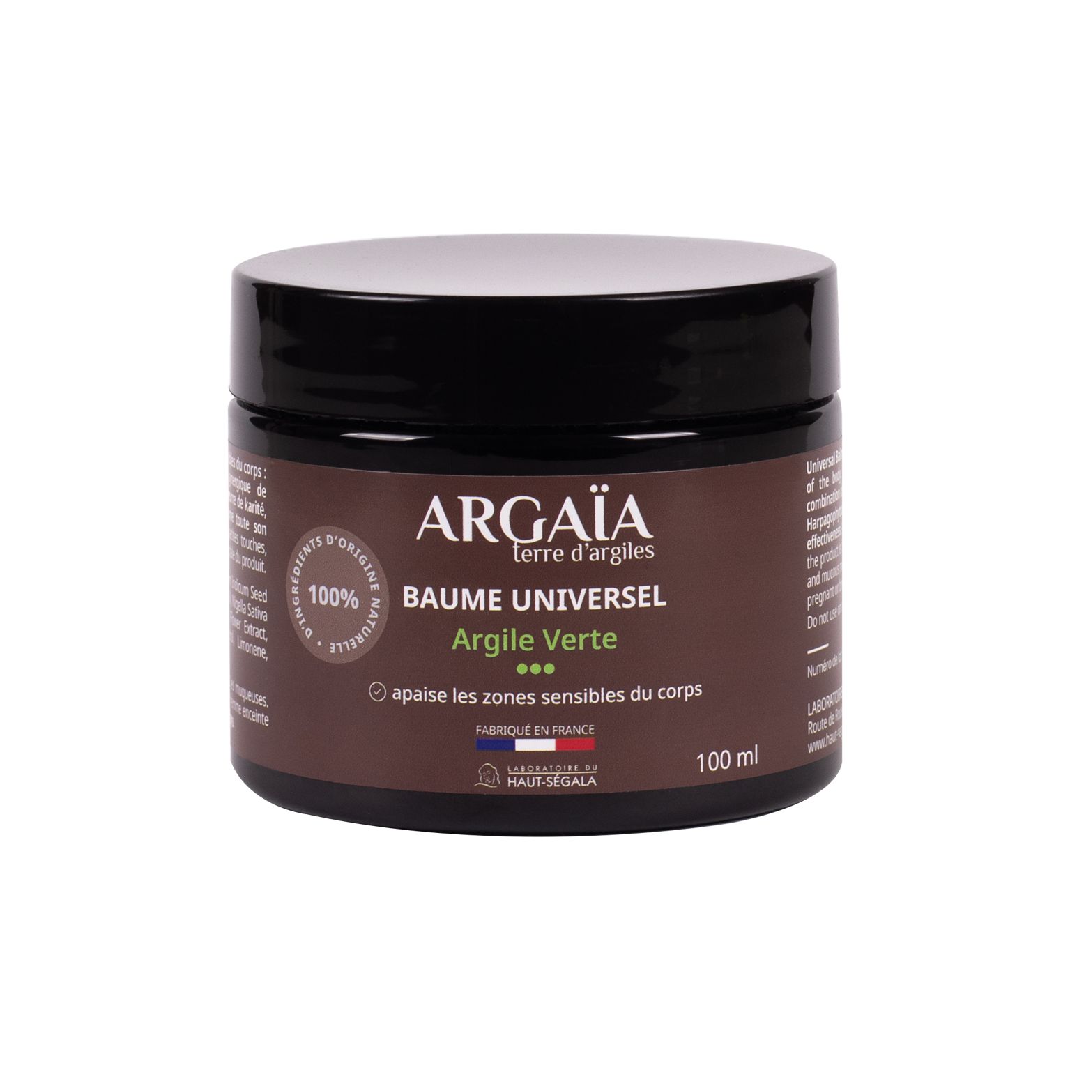 Braunes Tiegel mit Aufschrift Argaia Baume Universel Argile Verte. 100% natürlich.