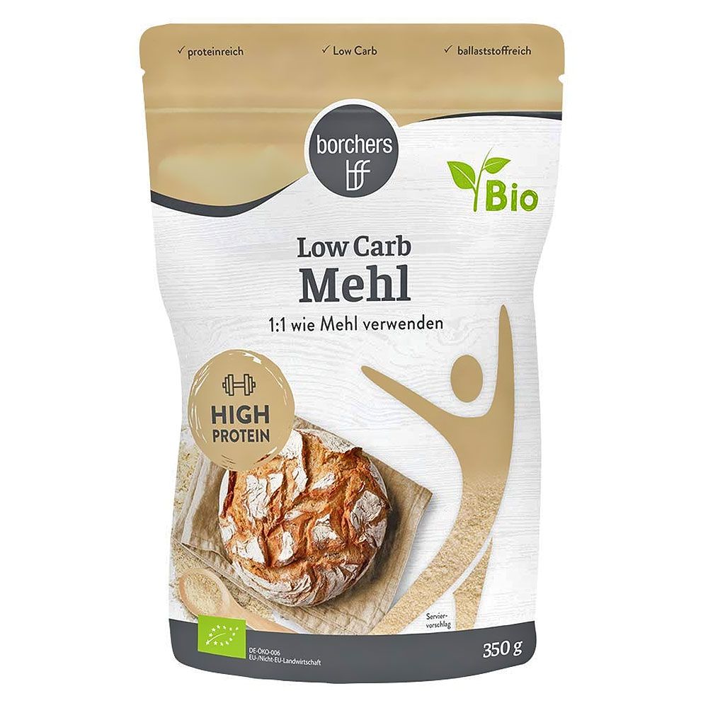 Verpackung von Low Carb Mehl. Aufschrift: Low Carb Mehl, Bio, High Protein. Gewicht: 350 g.