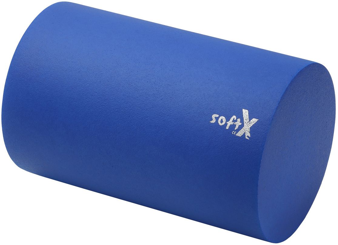 Blaues zylindrisches Lagerungsrolle. Auf der Oberfläche ist das Logo "softX" zu sehen.