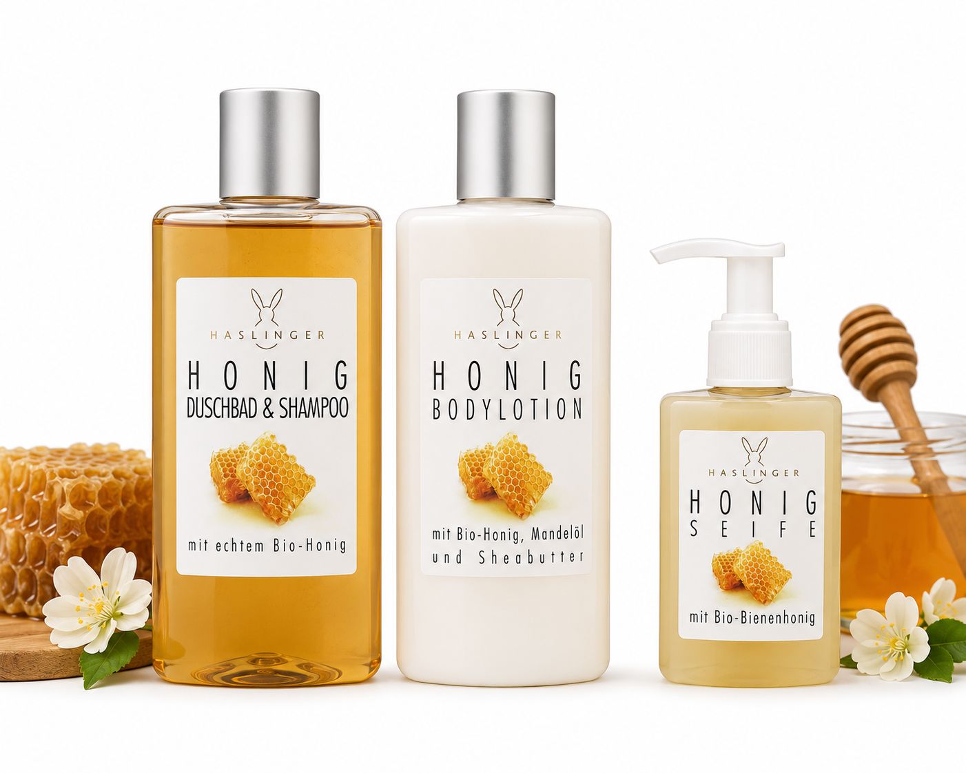 Haslinger Honig Pflegeset – Duschbad & Shampoo, Bodylotion und Flüssigseife