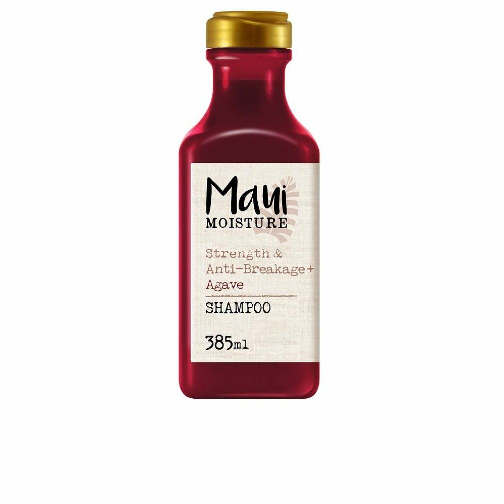Rote Shampoo-Flasche mit goldfarbenem Deckel. Etikett mit "Maui Moisture" und "Agave" sowie Produktbezeichnung.