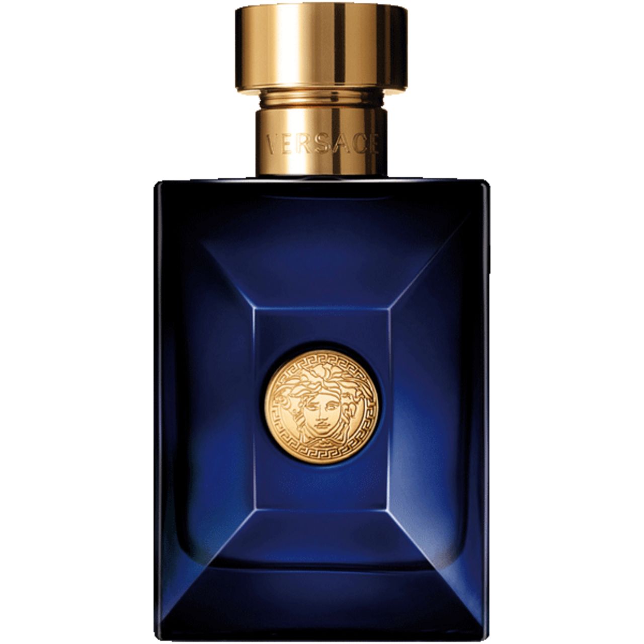 Dunkelblaue Glasflasche mit goldenem Verschluss und Medusa-Emblem.