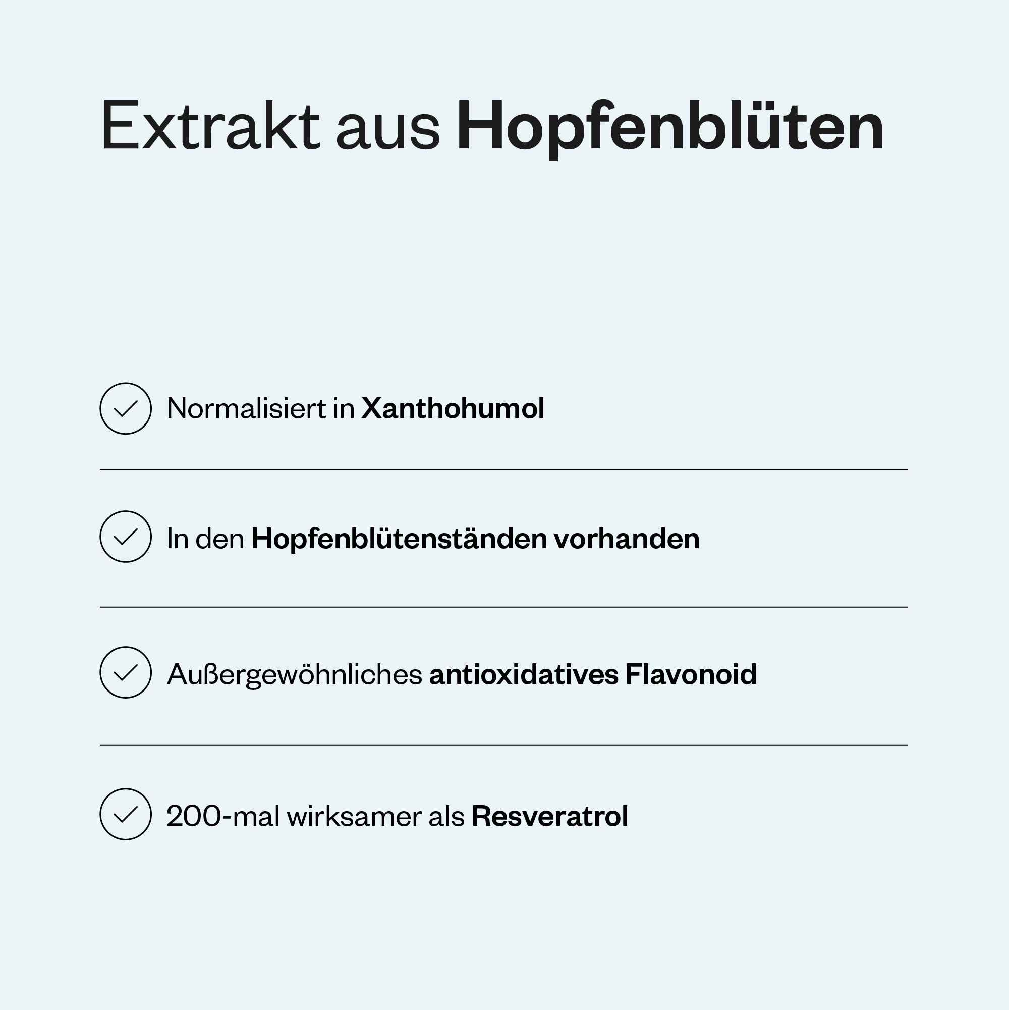Text mit Aufzählungspunkten über Xanthohumol. Beschreibt Vorteile und Eigenschaften des Produkts.
