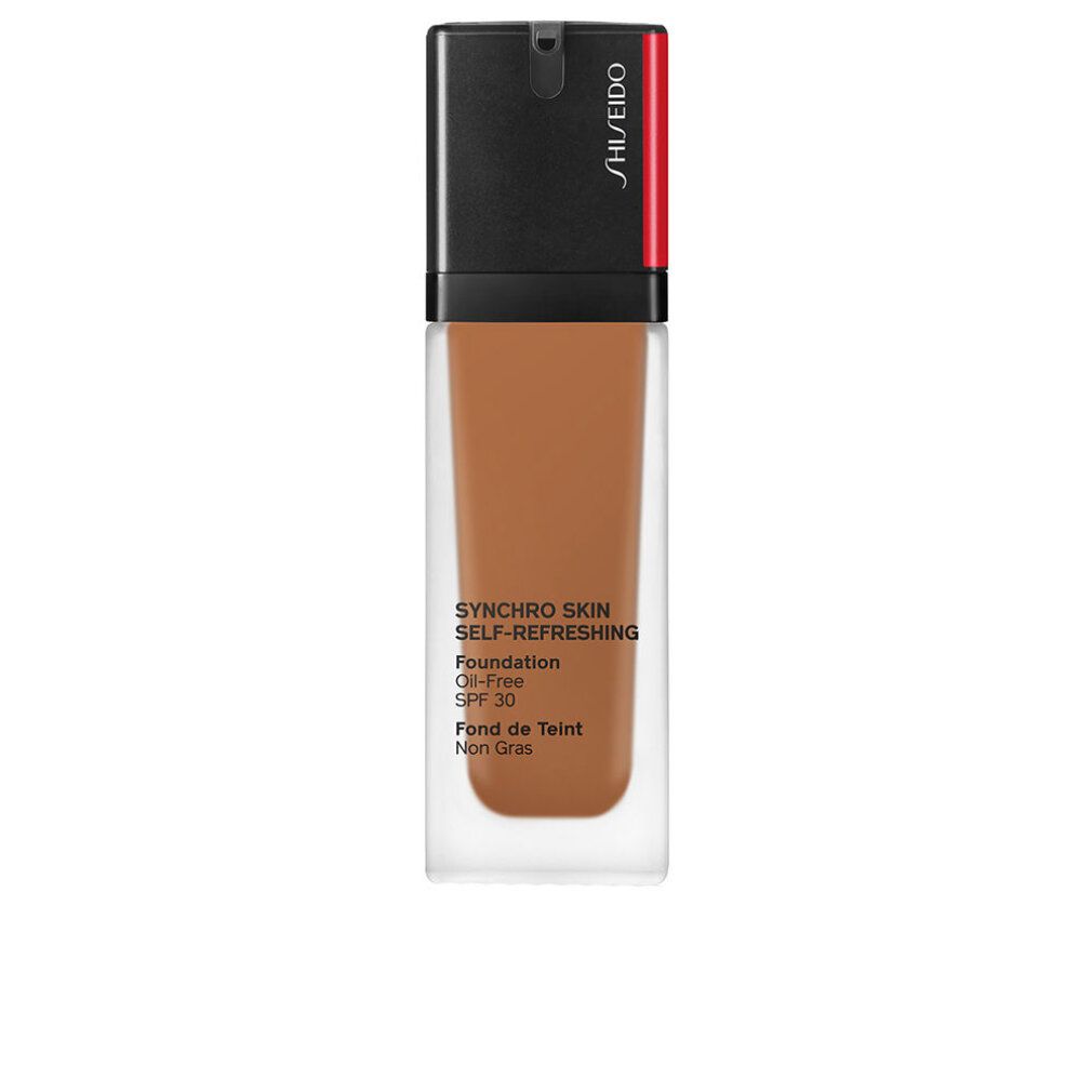 Flüssiges Make-up in Glasflasche. Schwarzer Deckel mit rotem Akzent. Aufschrift: Synchro Skin Self-Refreshing Foundation, SPF 30.