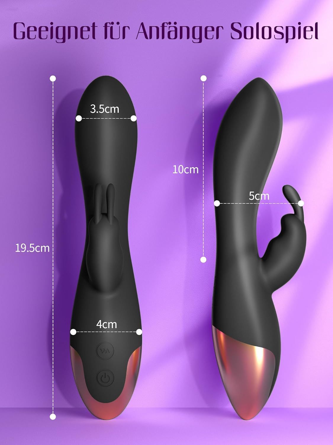 Schwarzer G-Punkt-Vibrator mit goldenem Ende, auf lila Stoff liegend.