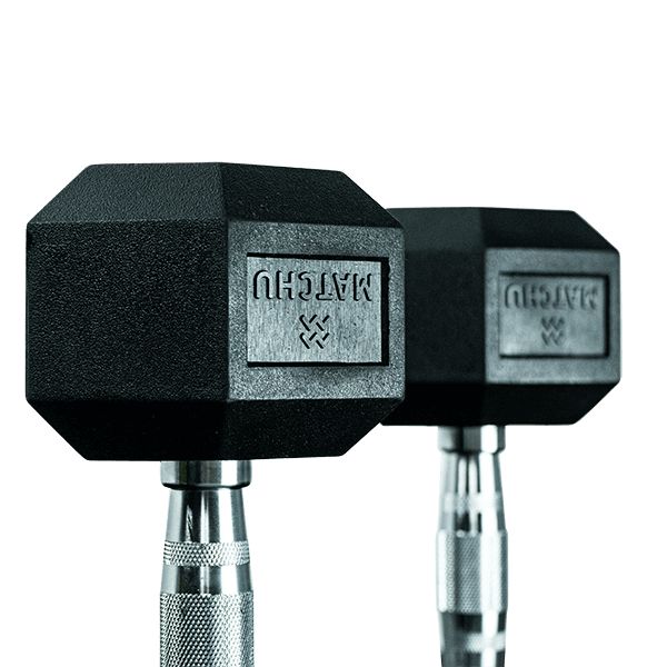 Zwei schwarze Kurzhanteln mit sechseckigen Gewichten. Auf den Gewichten steht "MATCHU".