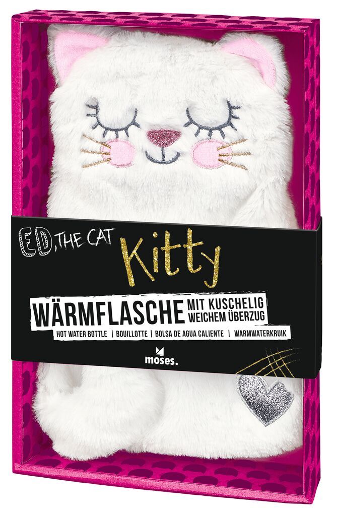 Wärmflasche Katze "Ed, the Cat" in Verpackung. Produkt mit Gesicht, Herz-Applikation. Text: Wärmflasche, moses.