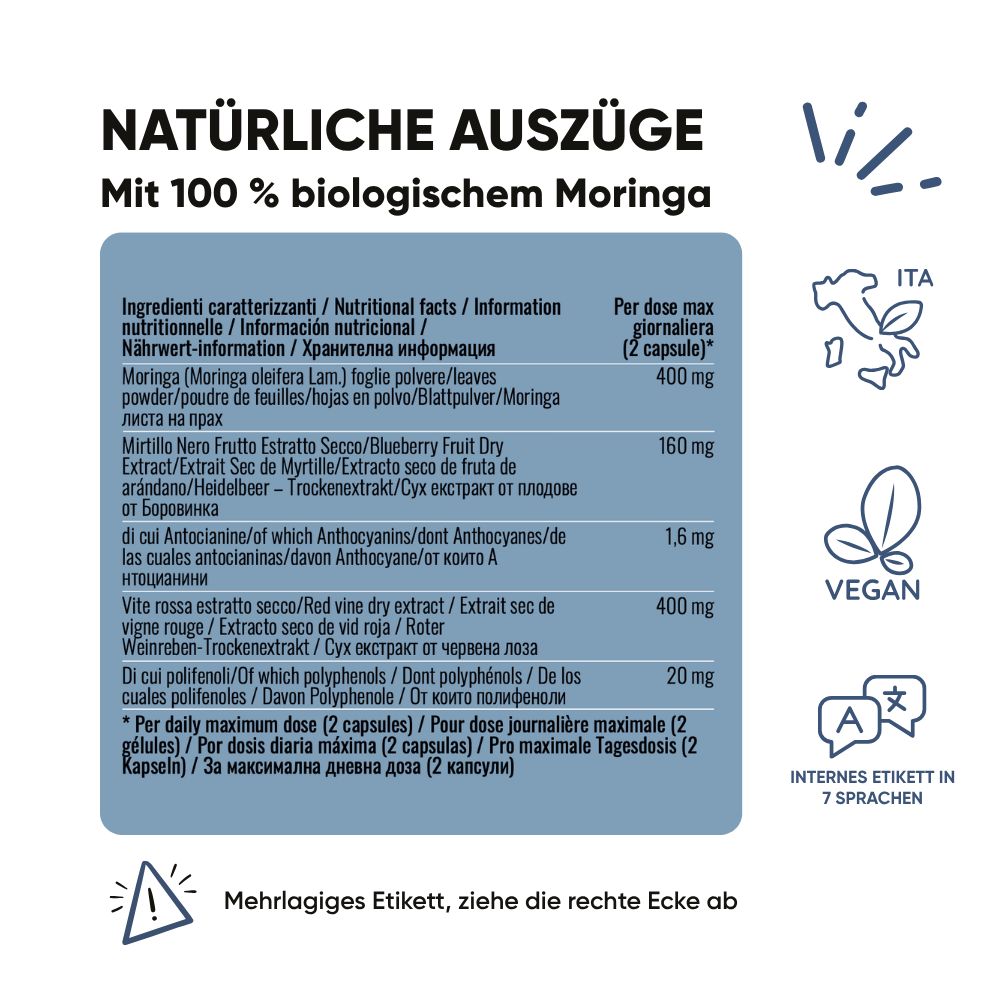Flasche RedMoringa MICROCIRCOLO mit Kapseln. Text über Moringa, Blaubeere, rote Weinrebe und verbesserte Durchblutung.