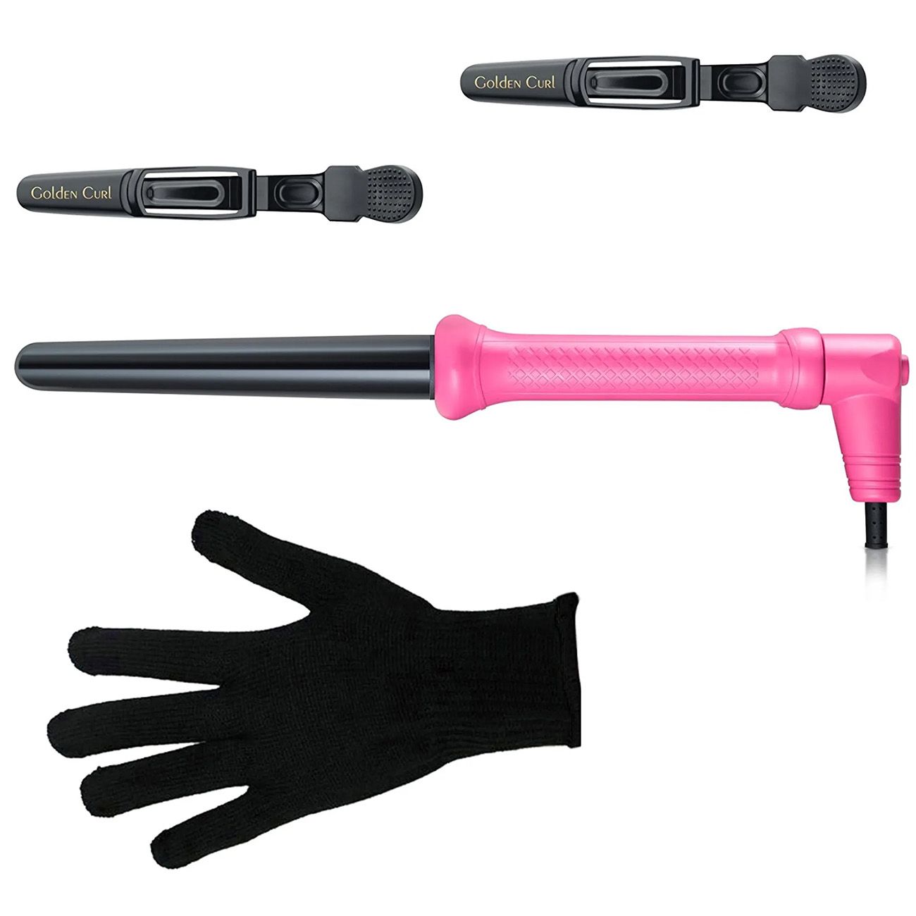 Lockenstab, schwarzer Handschuh und zwei Haarspangen. Lockenstab mit pinkfarbenem Griff und schwarzem Stab.
