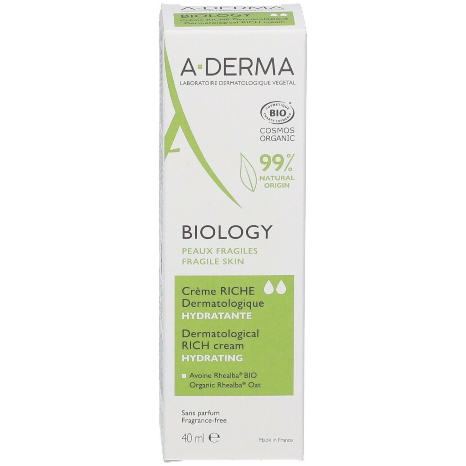 A-DERMA BIOLOGY Reichhaltige Creme. Weiße Faltschachtel mit grünen Akzenten. Text: 99% natürlichen Ursprungs, BIO.