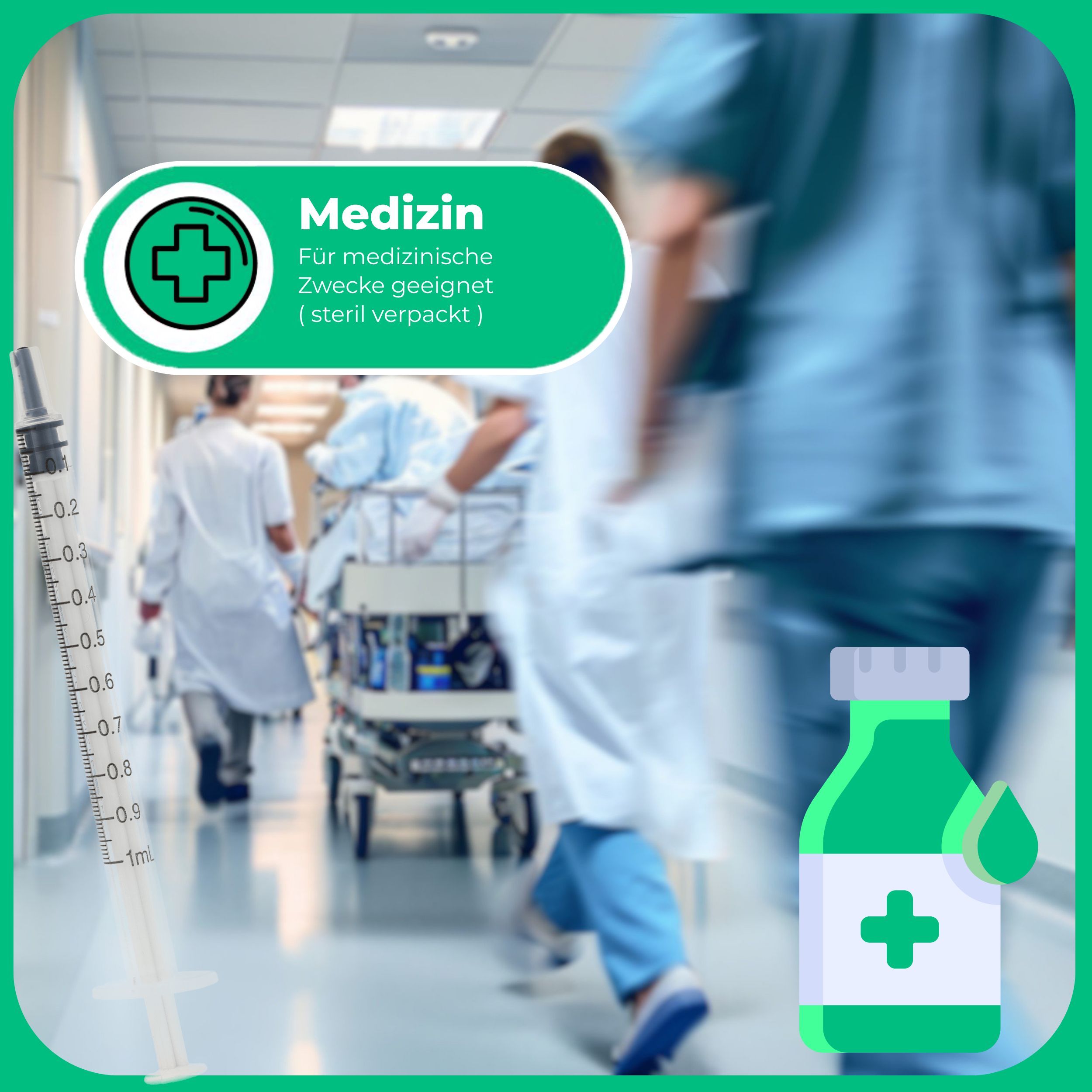 Medizin-Symbol mit Text. Hintergrund: verschwommene Personen in Krankenhausflur. Flasche und Spritze.