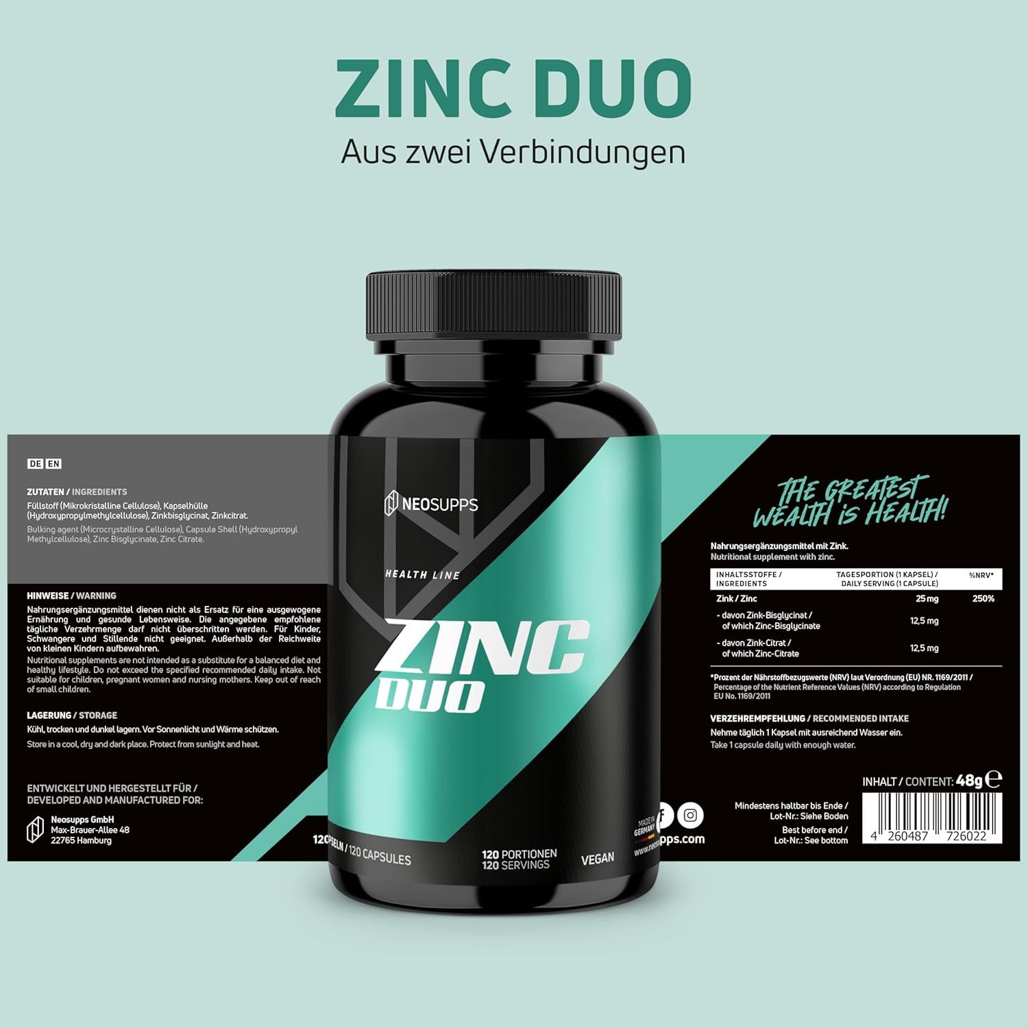 Schwarze Flasche "ZINC DUO" mit Etikett. Text: "ZINC DUO", "Aus zwei Verbindungen". Auf dem Etikett: Inhaltsstoffe, Nährwertangaben, "The greatest wealth is health".