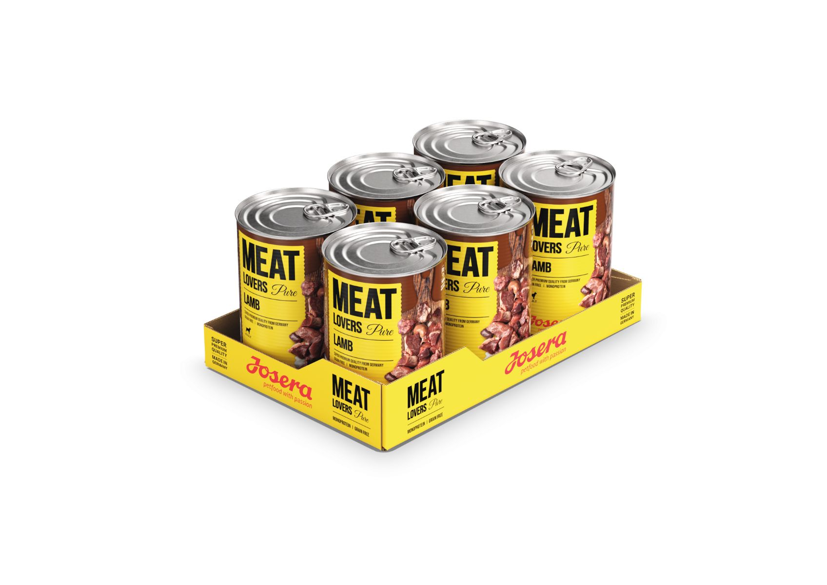 Sechs Dosen JOSERA Meat Lovers Pure Lamb in gelber Verpackung. Aufschrift: Meat Lovers Pure Lamb. Dose mit Lasche.