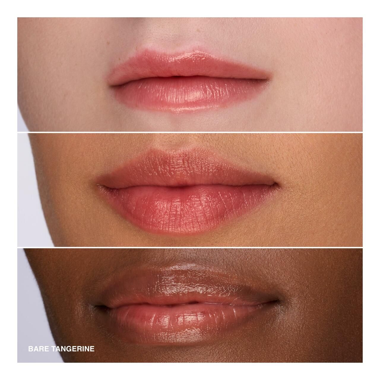 Drei Lippen-Nahaufnahmen. Verschiedene Hauttöne zeigen den getönten Lippenbalsam. Text: Bare Tangerine.