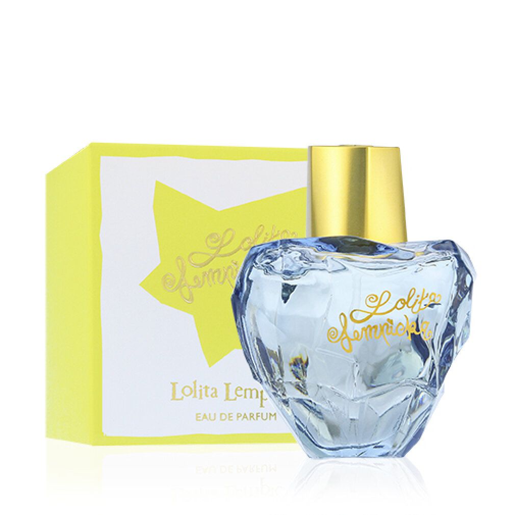 Flakon und Verpackung. Flakon blau, goldene Kappe. Verpackung gelb-weiß. Aufschrift: Lolita Lempicka.