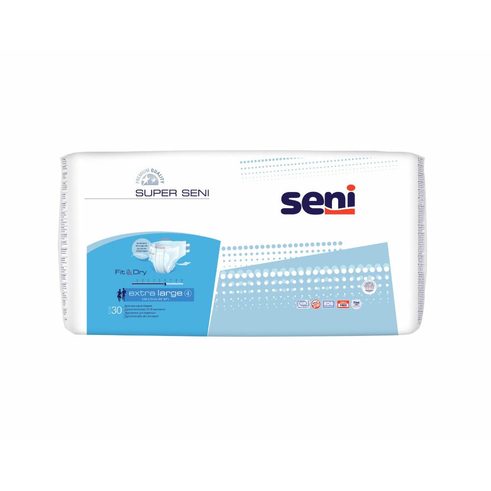 Verpackung mit Super Seni Inkontinenzprodukten. Blaue und weiße Verpackung mit Produktabbildung und Seni-Logo.