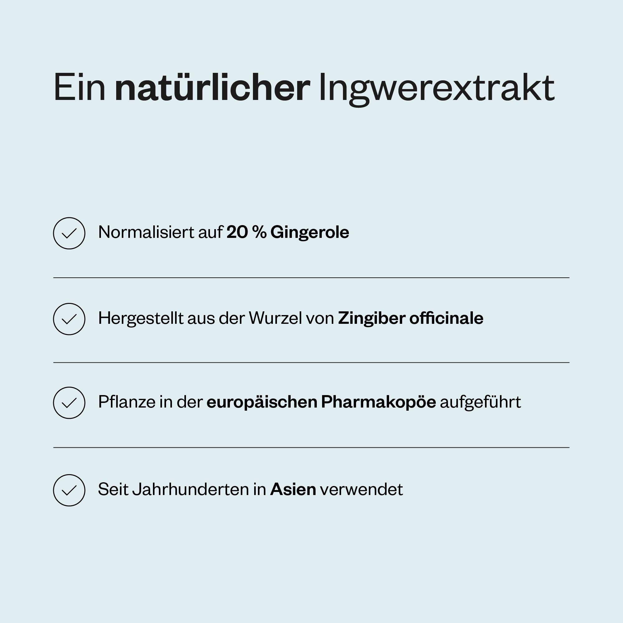 Text mit Informationen über Ingwer. Normalisiert auf 20% Gingerole. Hergestellt aus Zingiber officinale. In europäischer Pharmakopöe.