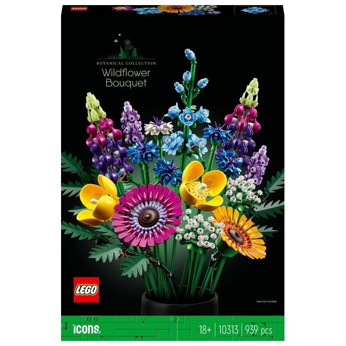 LEGO Icons Bouquet di Fiori Selvatici, un set di fiori artificiali. La confezione mostra una composizione di fiori LEGO colorati, tra cui papaveri e lavanda. Sulla confezione sono visibili il logo LEGO, il nome del prodotto e l'indicazione di età 18+.