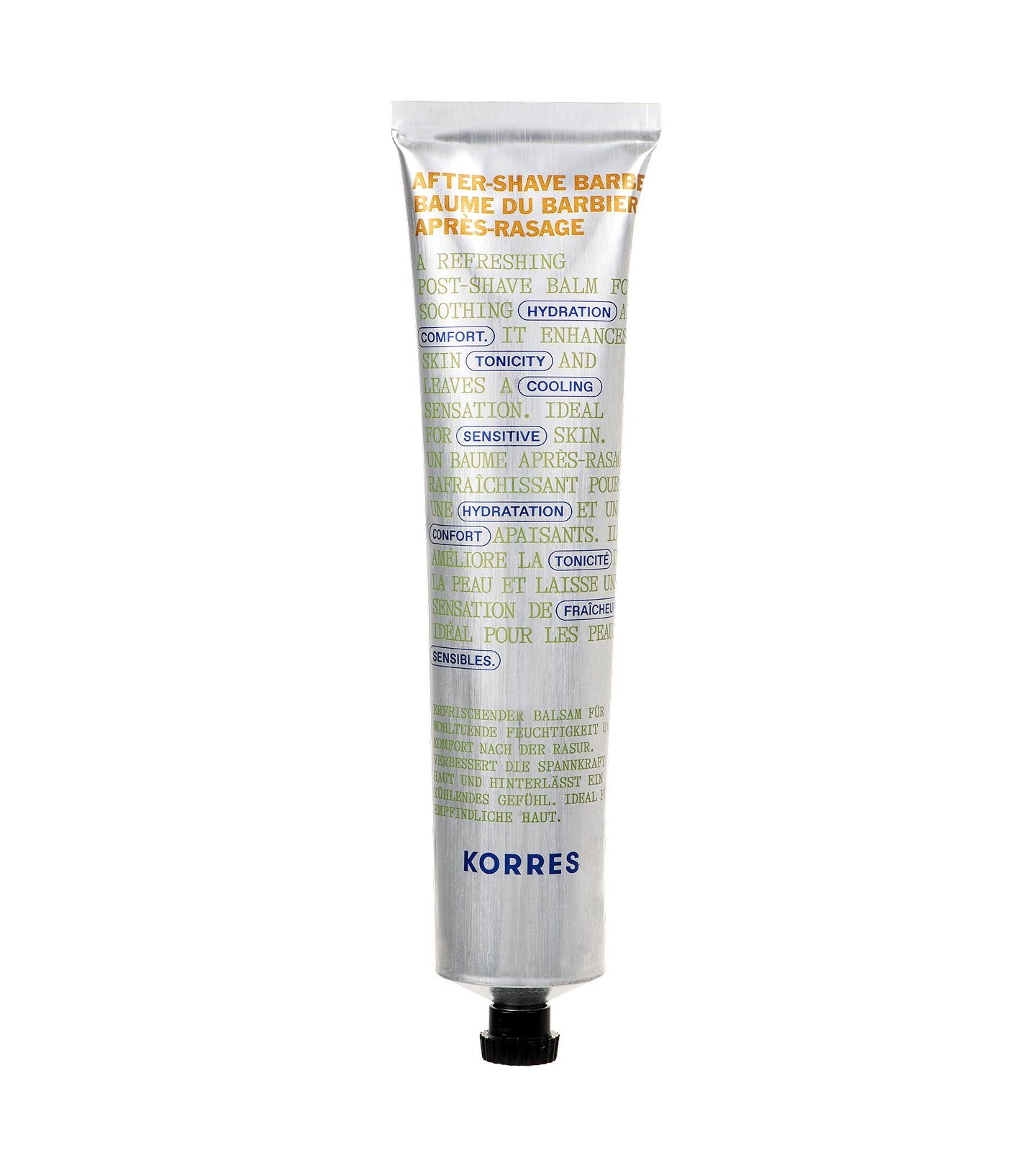 Silberfarbene Tube After-Shave Balsam. Text: KORRES, After-Shave Balm. Schwarzer Verschluss.