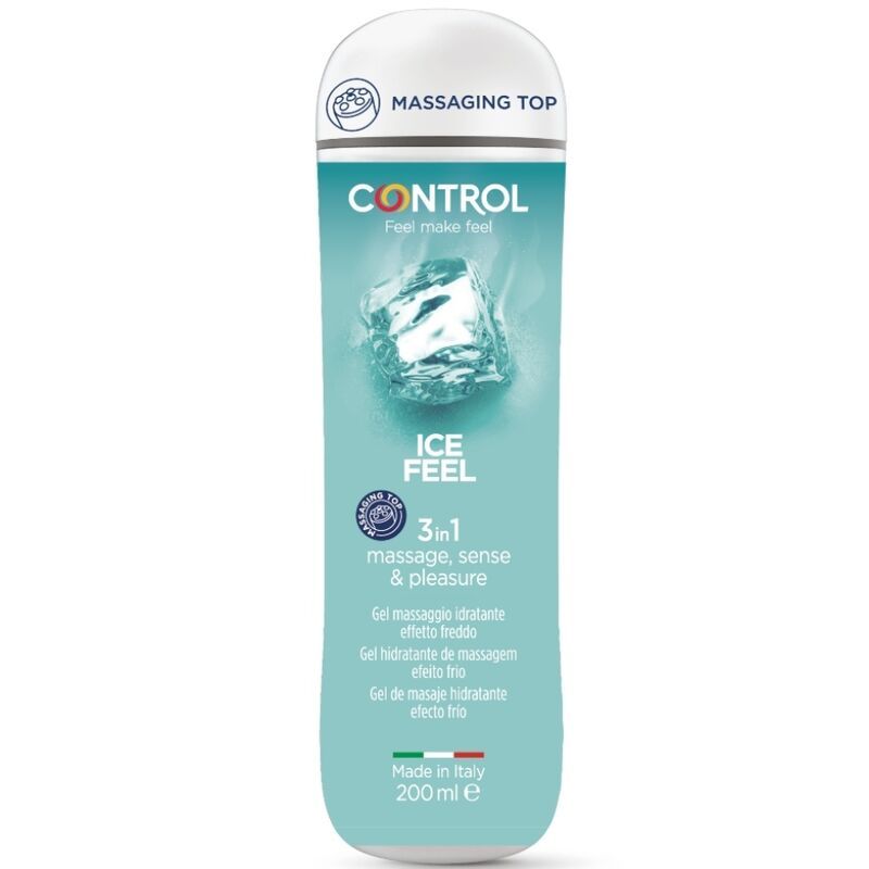 CONTROL ICE FEEL 3-in-1 Massagegel, 200 ml, mit Massagetopper. Hergestellt in Italien.