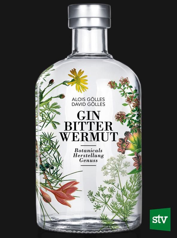 Klare Glasflasche mit silbernem Verschluss. Aufschrift: Gin Bitter Wermut. Botanische Illustrationen. Logo: stv.