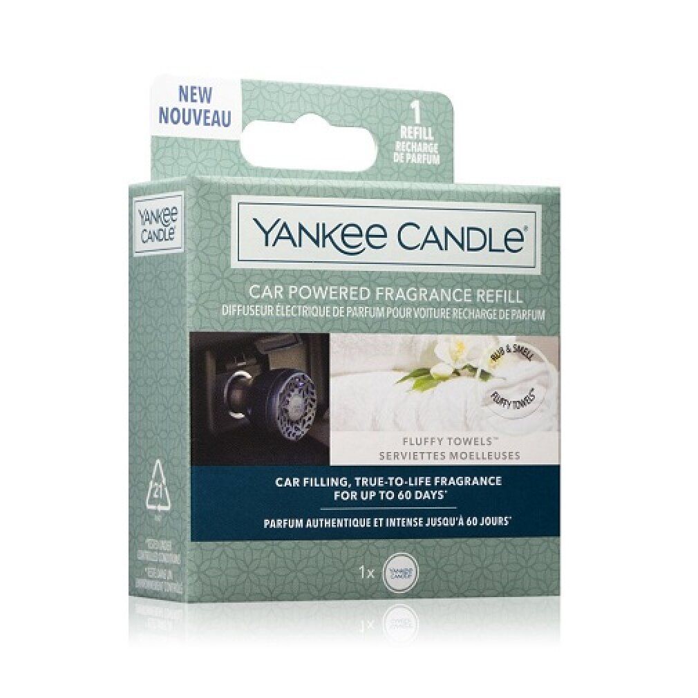 Yankee Candle Car Fragrance Refill-Verpackung. Text: Fluffy Towels, bis zu 60 Tage Duft. Mit Abbildung des Produkts im Auto.
