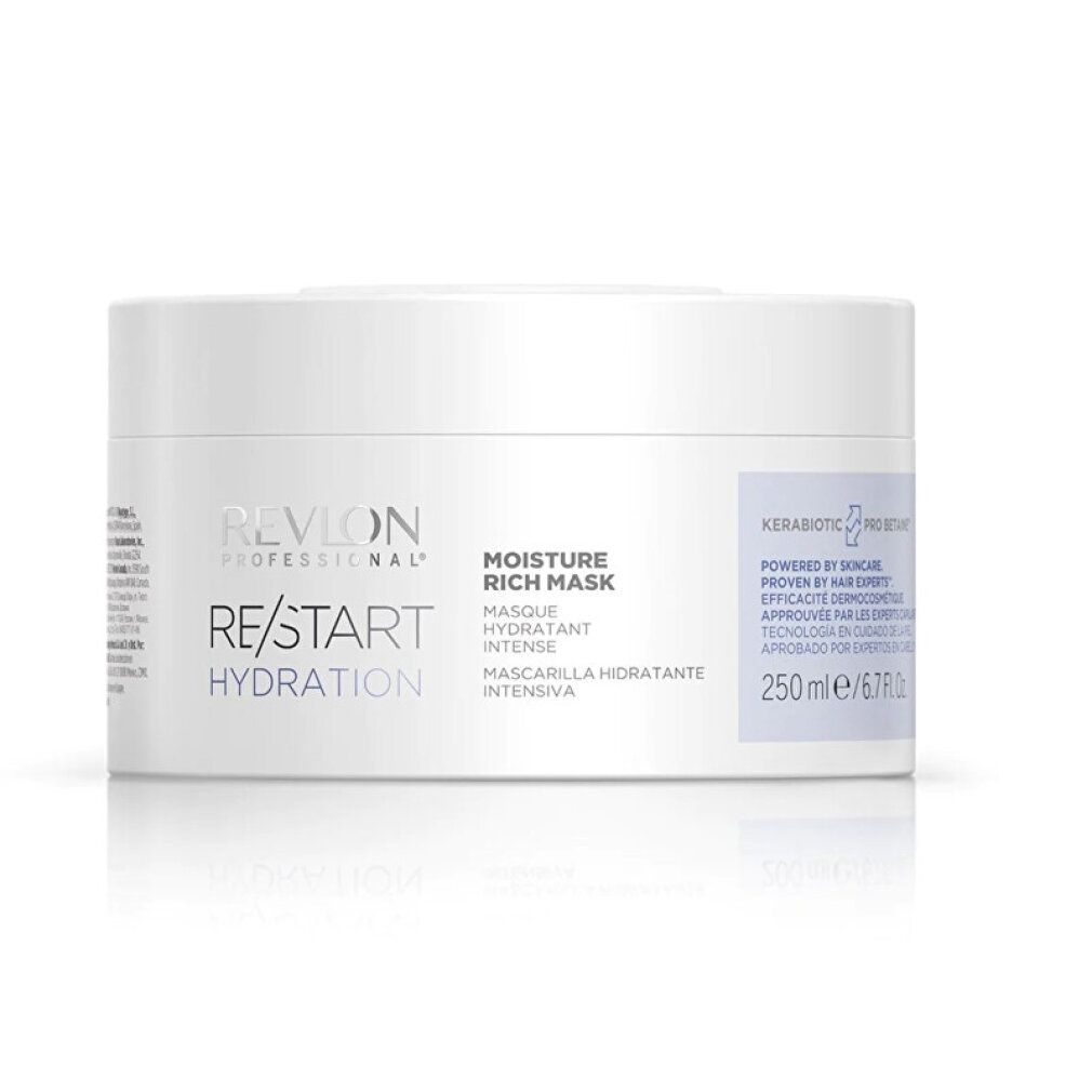 Weißer Tiegel Revlon Professional Re/Start Hydration Haarmaske. Text: Moisture Rich Mask, 250 ml. Kerabiotic Pro Betaine.