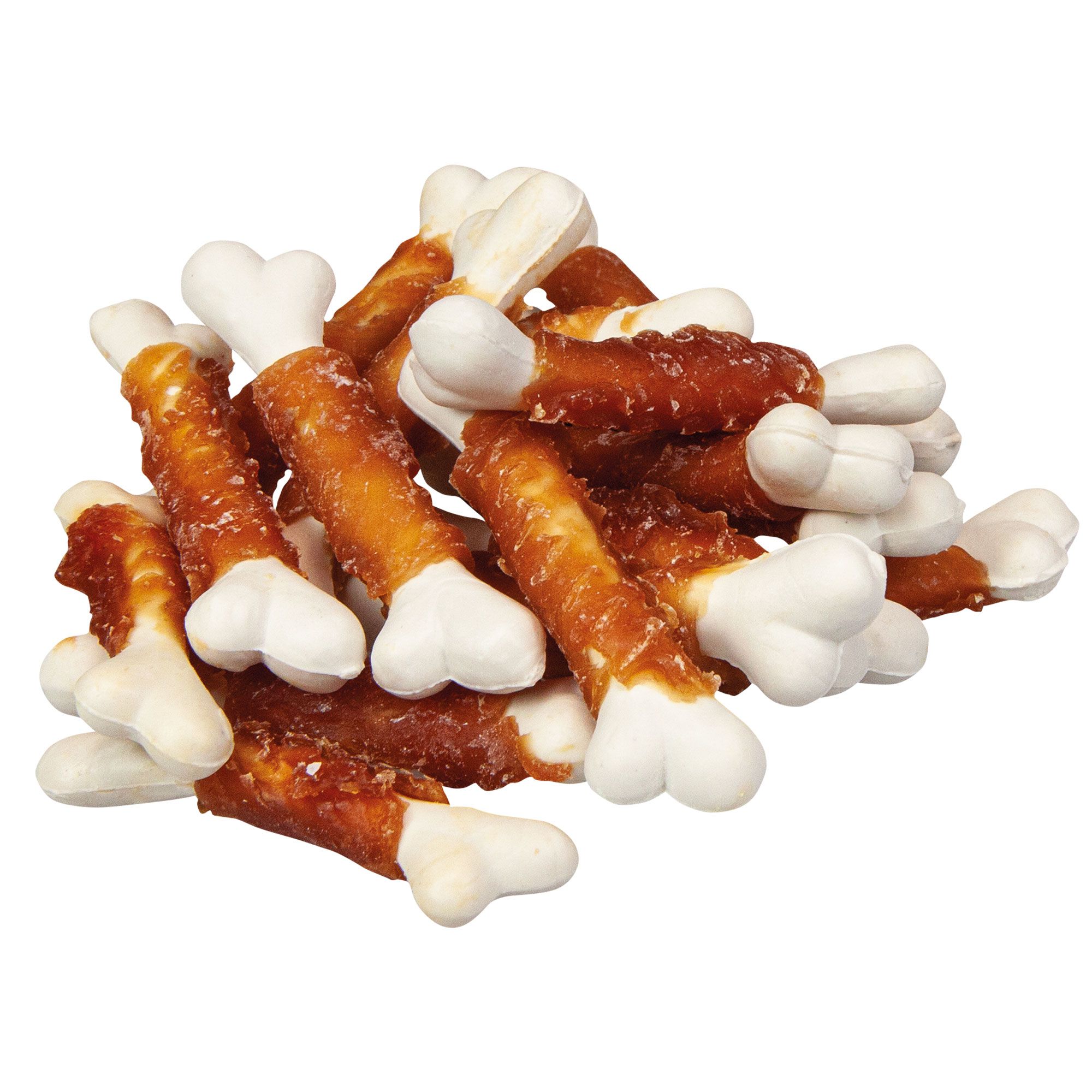 Hundesnacks in Knochenform, weiß und braun. Auf weißem Hintergrund.