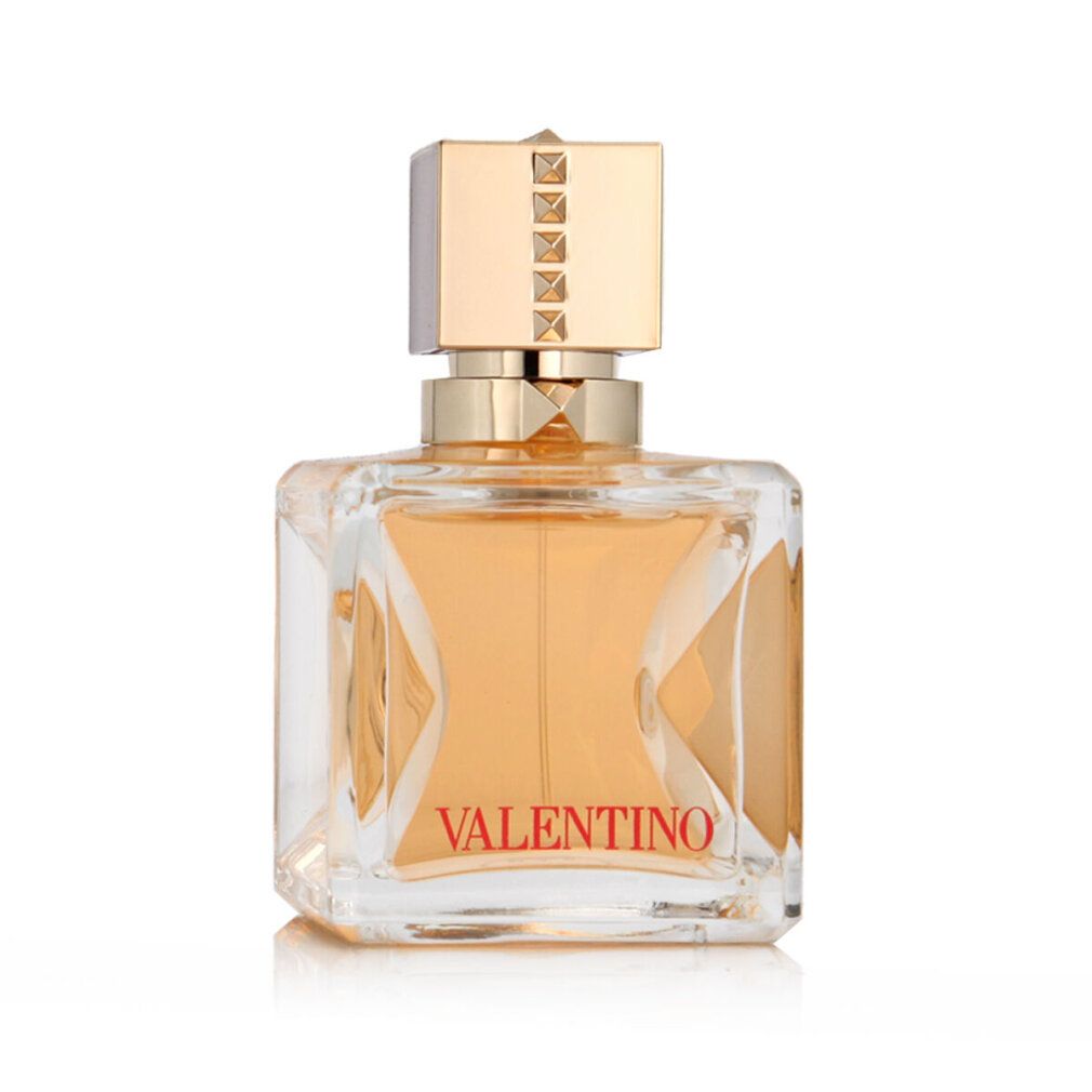 Quadratischer Parfümflakon mit goldenem Verschluss. 'Valentino' Schriftzug.