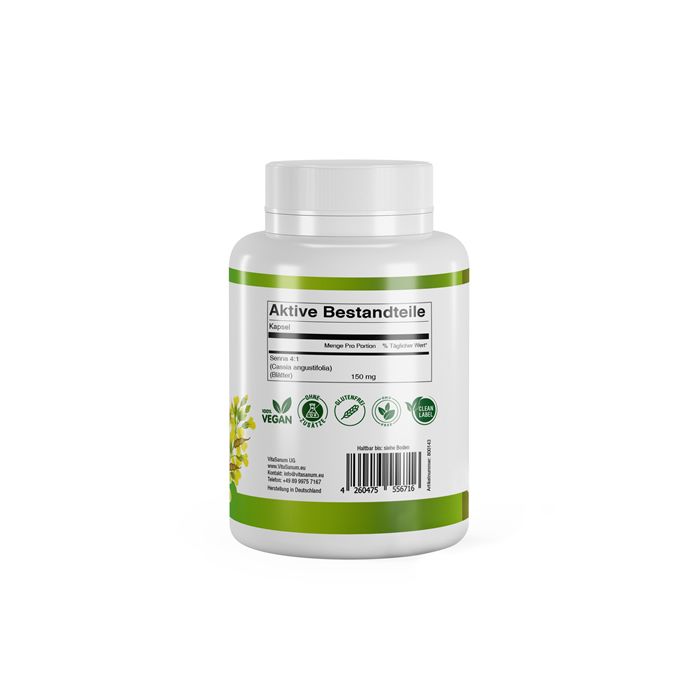 Flacon blanc avec étiquette verte. Inscription : Ingrédients actifs, Senna (Cassia angustifolia), 150 mg. Label végétalien.