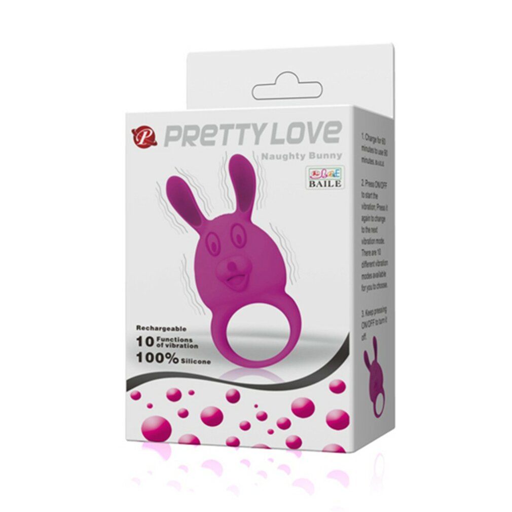 Verpackung für ein lila Hasen-Vibrator-Produkt mit der Aufschrift 'Pretty Love'.