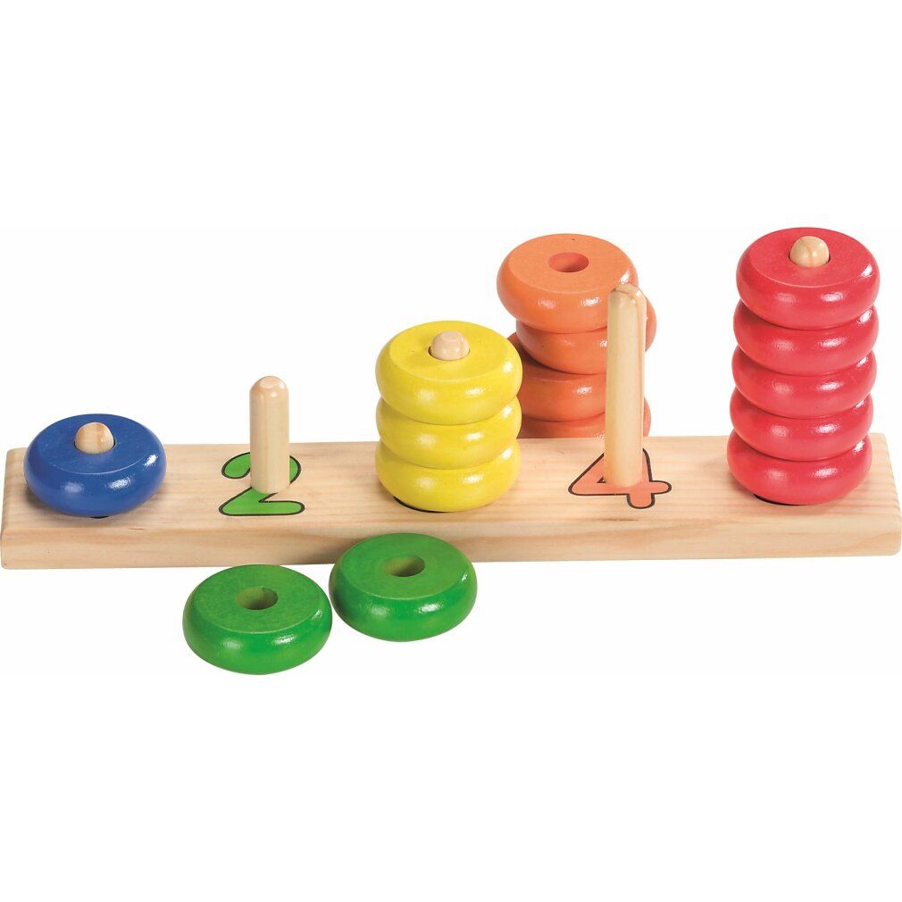 Holzpuzzle mit farbigen Ringen auf Holzbrett. Ringe: blau, grün, gelb, orange, rot. Ziffern 2 und 4.