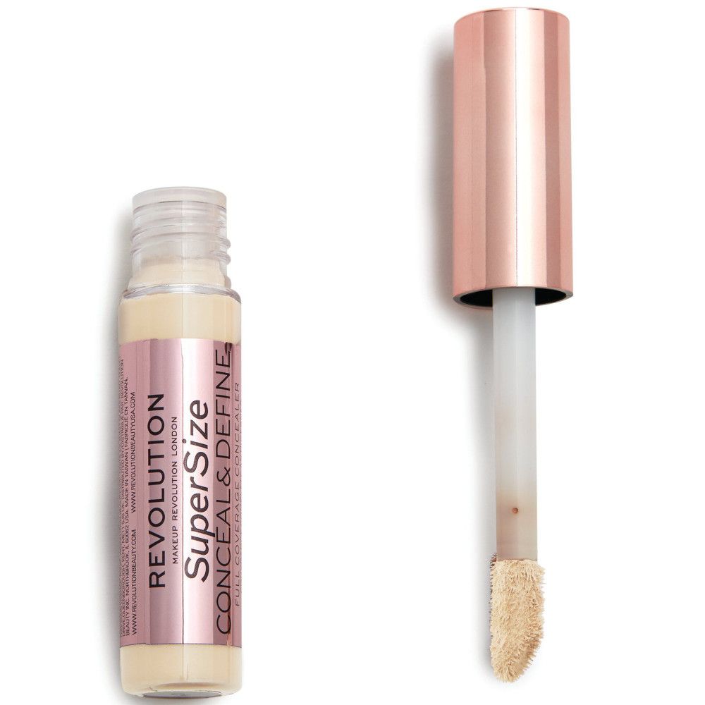 Concealer-Tube und Applikator. Aufschrift: Super Size Conceal & Define. Applikator mit Produkt.