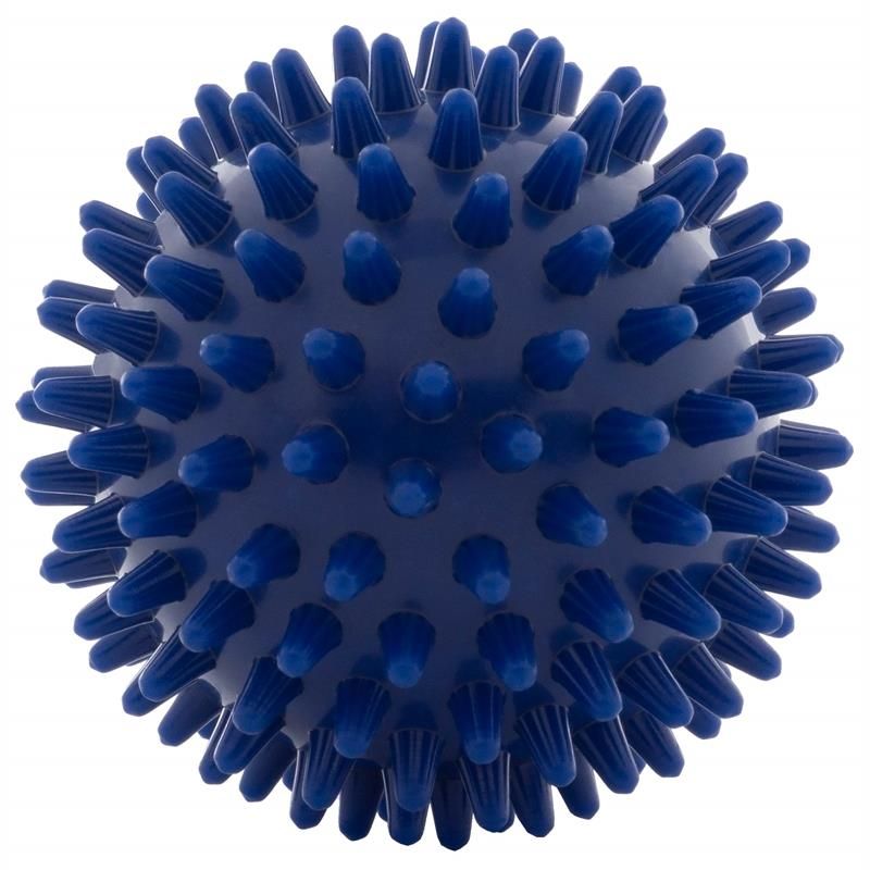 Blauer Massageball mit Noppen. Oberfläche mit vielen kleinen, konischen Erhebungen.