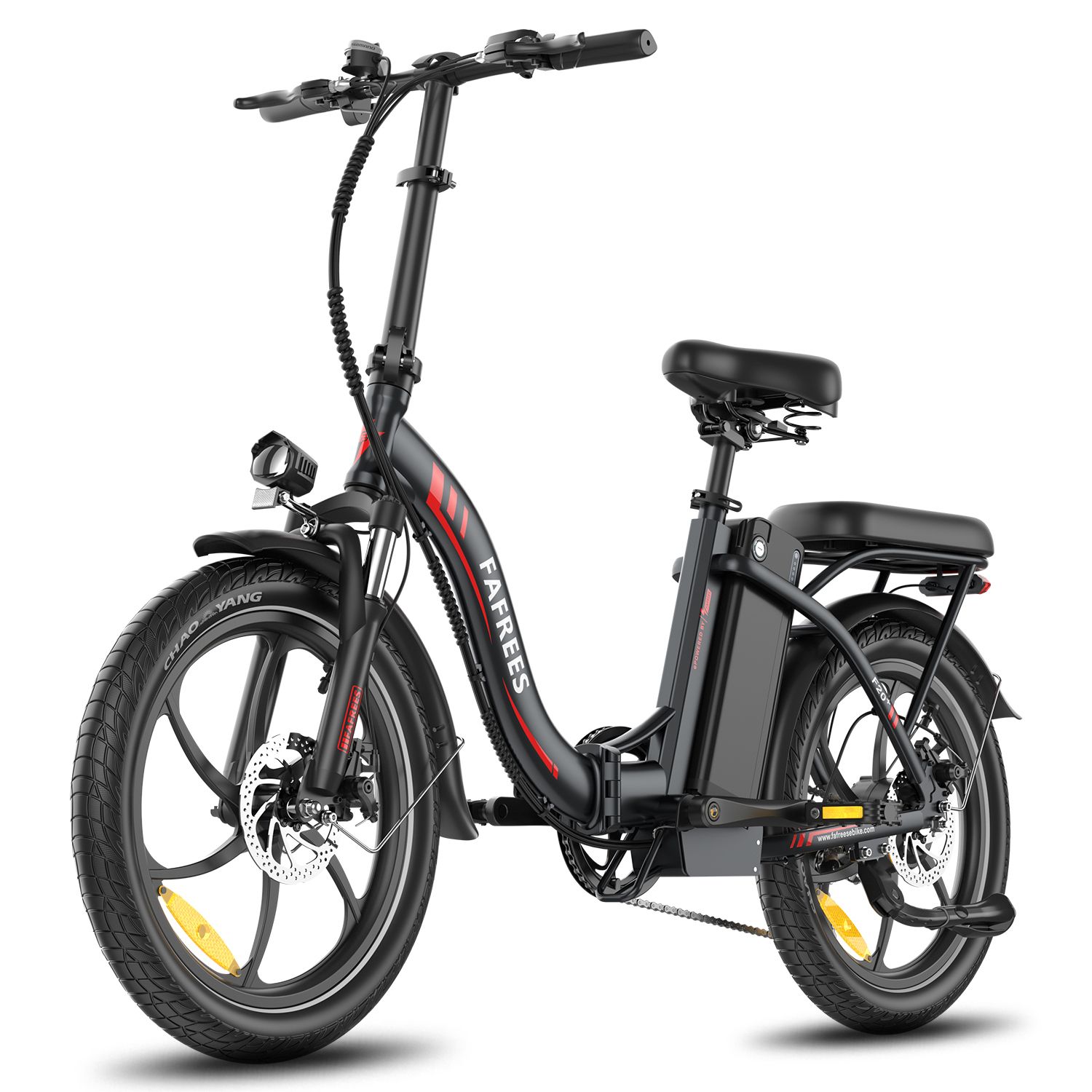 Faltbares E-Bike Fafrees F20+ in Schwarz. Sichtbar: Sattel, Gepäckträger, Akku, Schutzbleche, Felgen mit roter Akzentlinie.