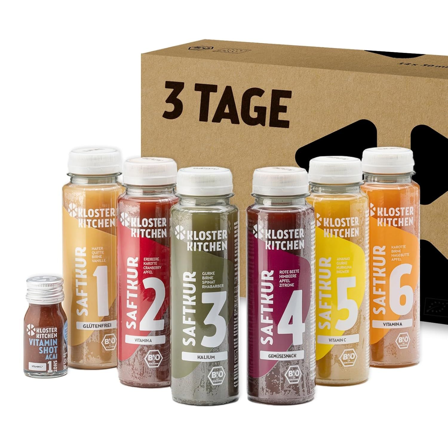 Kloster Kitchen Saftkur, 6 Flaschen und ein Shot. Aufschrift: 3 Tage. Flaschen mit Nummern 1-6. Braune Verpackung.