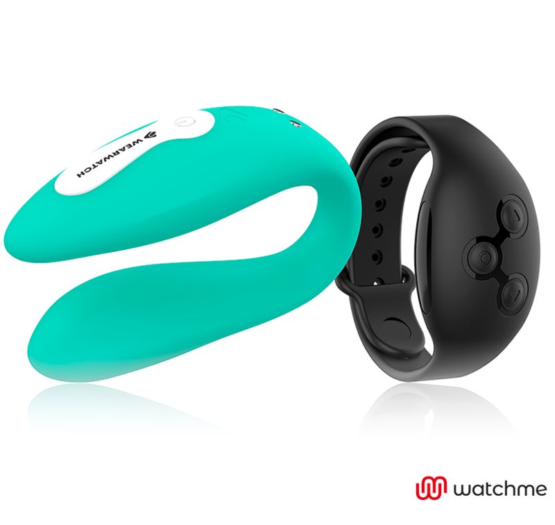 Türkisfarbener Vibrator und schwarze Armbanduhr mit drei Knöpfen. Marke: Wearwatch und watchme.