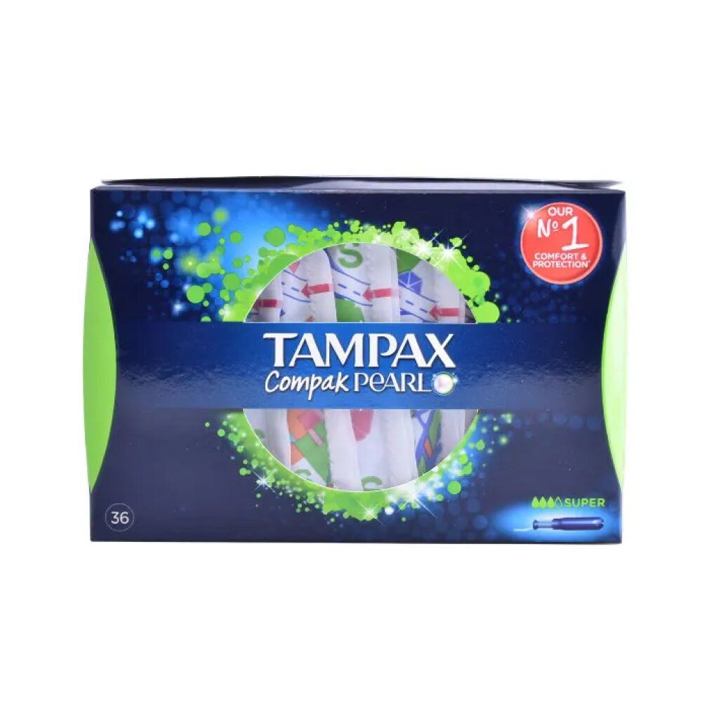 Verpackung von Tampax Compak Pearl Super, 36 Stück. Blaue Verpackung mit Produktnamen und Logo. Enthält Tampons.