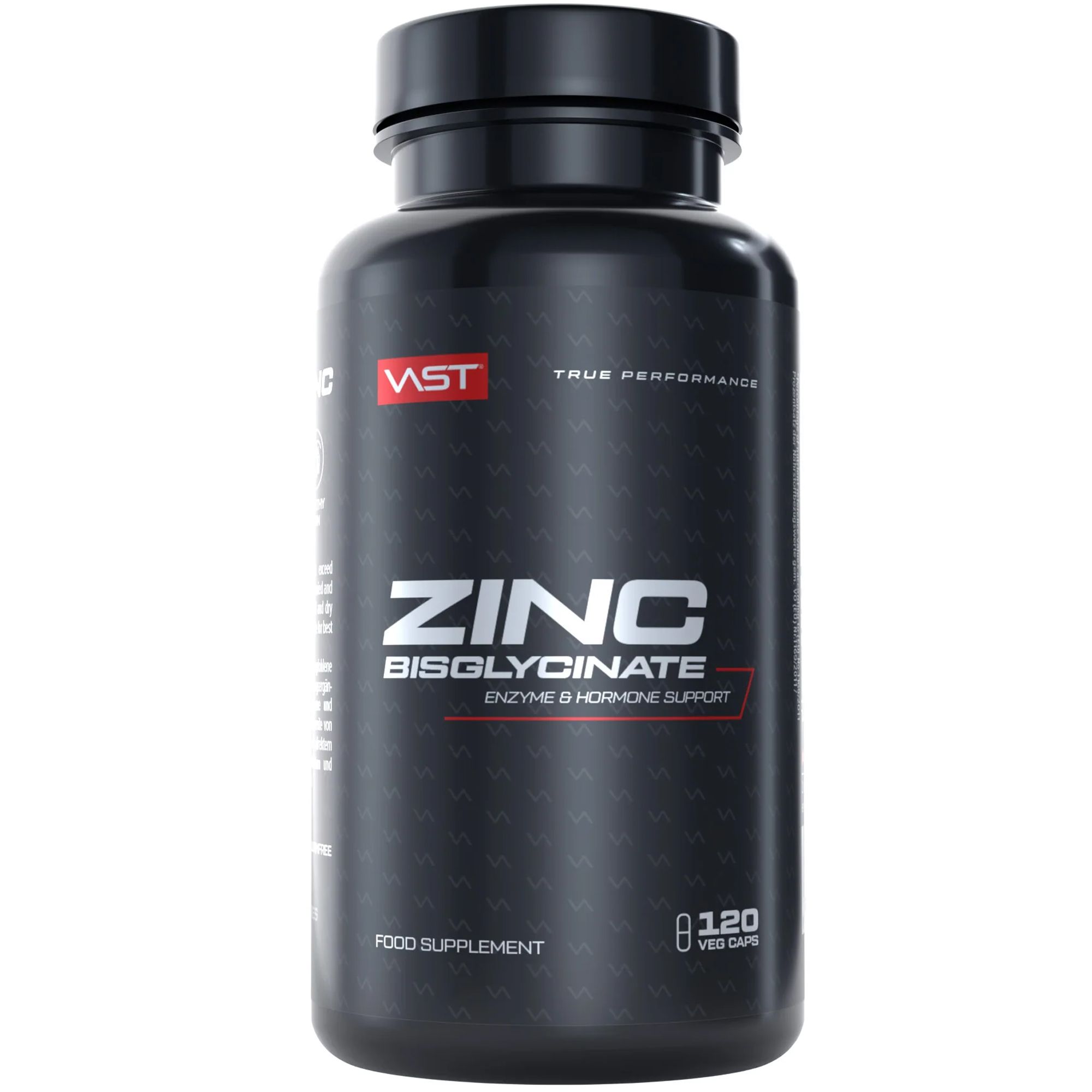 Schwarze Flasche mit "ZINC Bisglycinate"-Aufdruck. Enthält 120 Kapseln. Marke: VAST.
