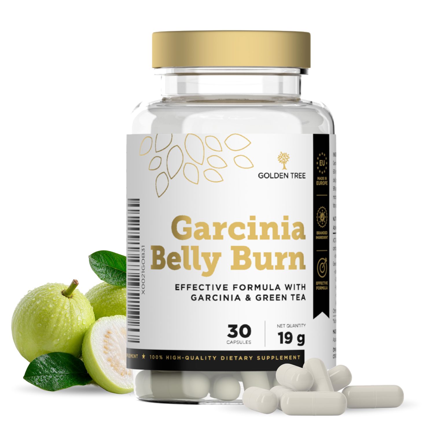 Flasche mit 30 Kapseln Garcinia Belly Burn, daneben Garcinia-Früchte und Blätter.
