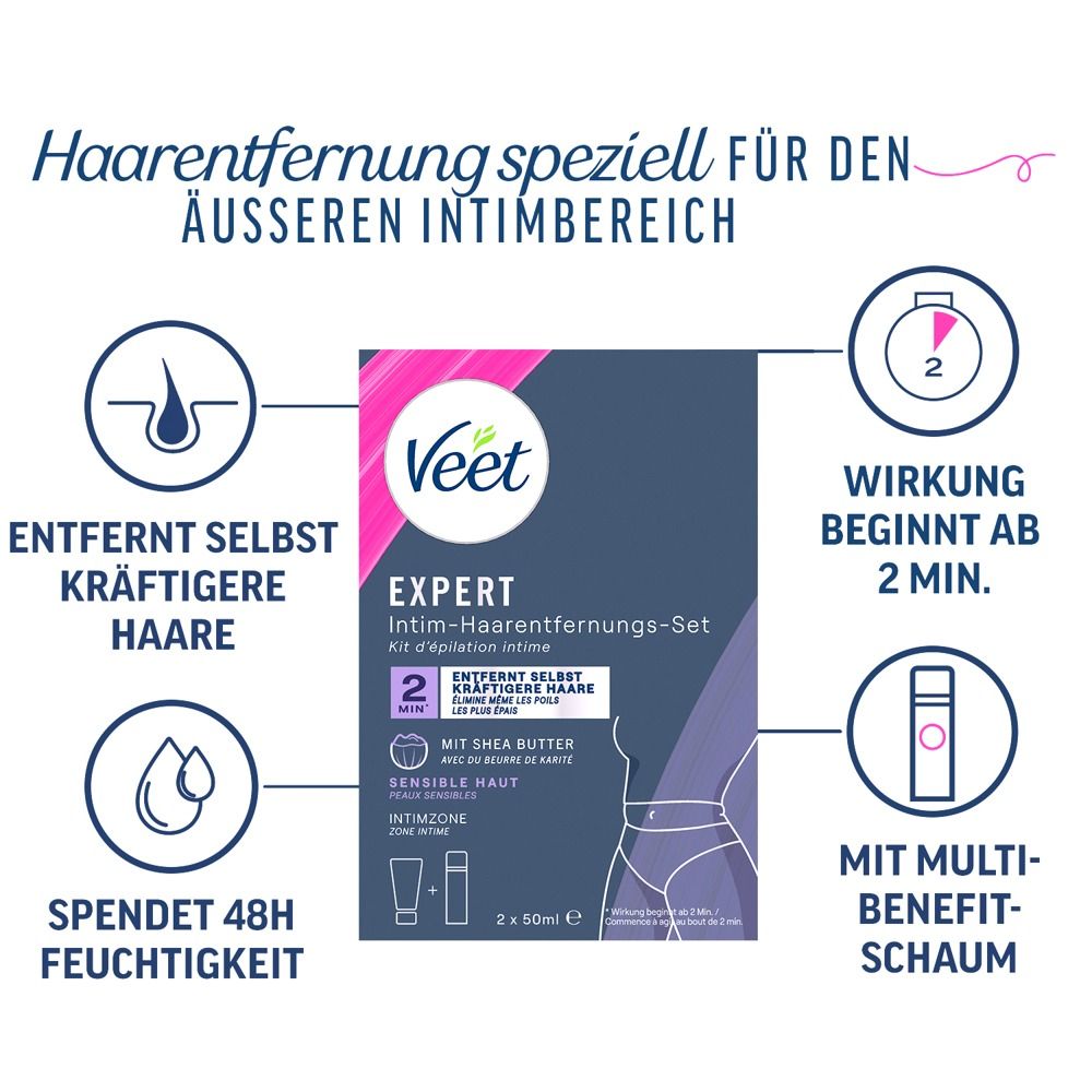 Veet Expert Set: Haarentfernung für äußeren Intimbereich, wirkt ab 2 Min., spendet 48h Feuchtigkeit.