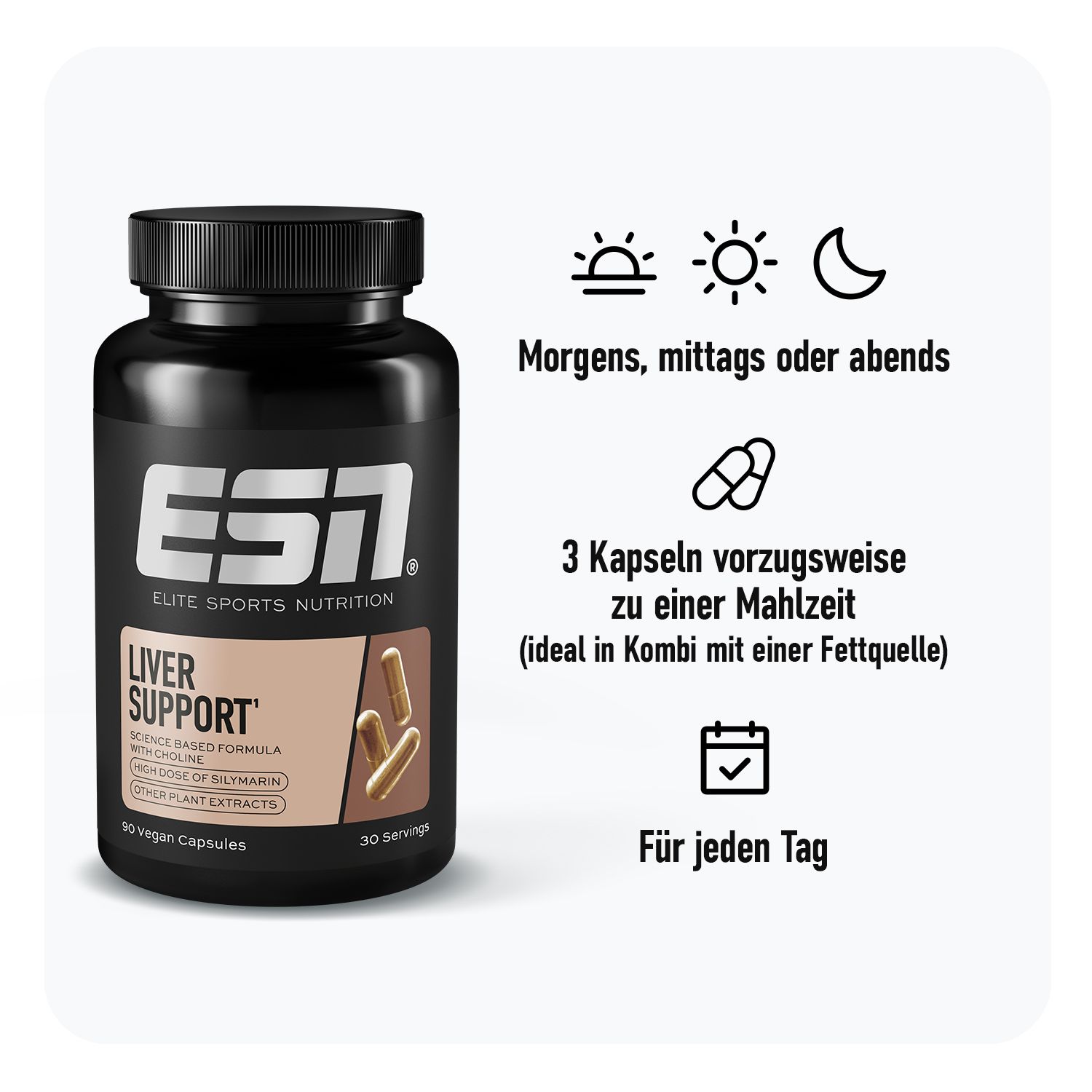 ESN Liver Support Flasche mit Anweisungen: Morgens, mittags oder abends. 3 Kapseln zu einer Mahlzeit. Für jeden Tag.