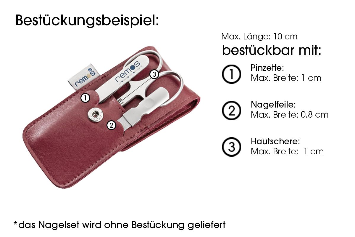 Rote Lederhülle mit Pinzette, Nagelfeile und Hautschere. REMOS-Label sichtbar.