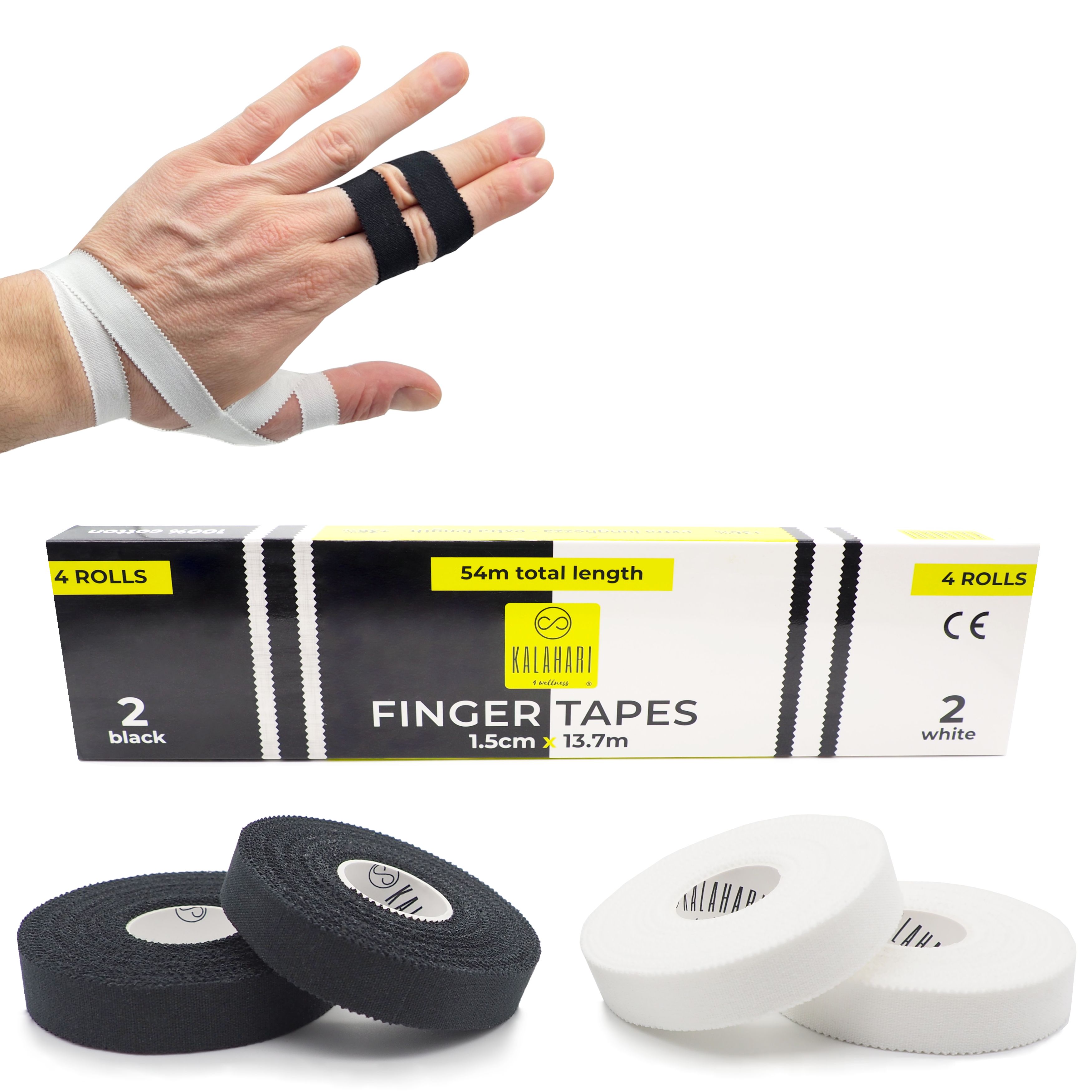 Zwei Rollen schwarzes und weißes Finger-Tape, verpackt in einer weißen und schwarzen Box.