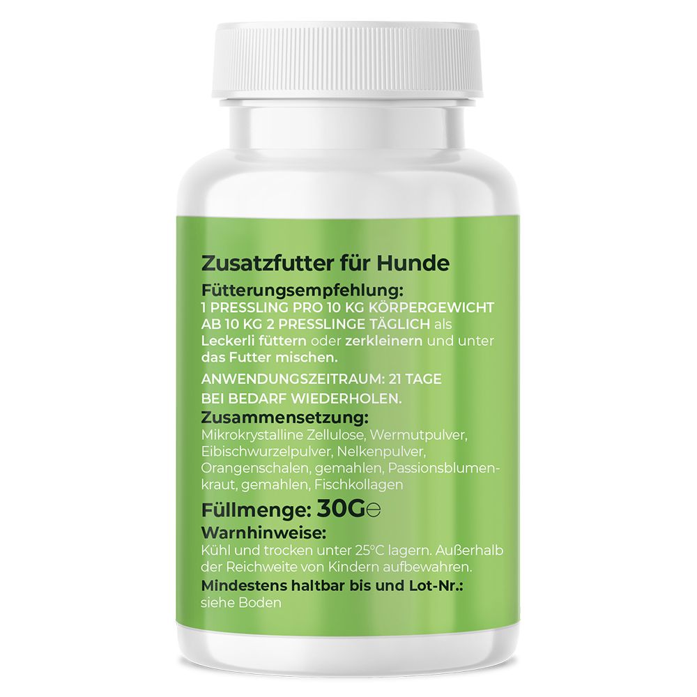 Weiße Flasche mit grünem Etikett. Text: Zusatzfutter für Hunde, Fütterungsempfehlung, Inhaltsstoffe, Füllmenge 30g, Warnhinweise.