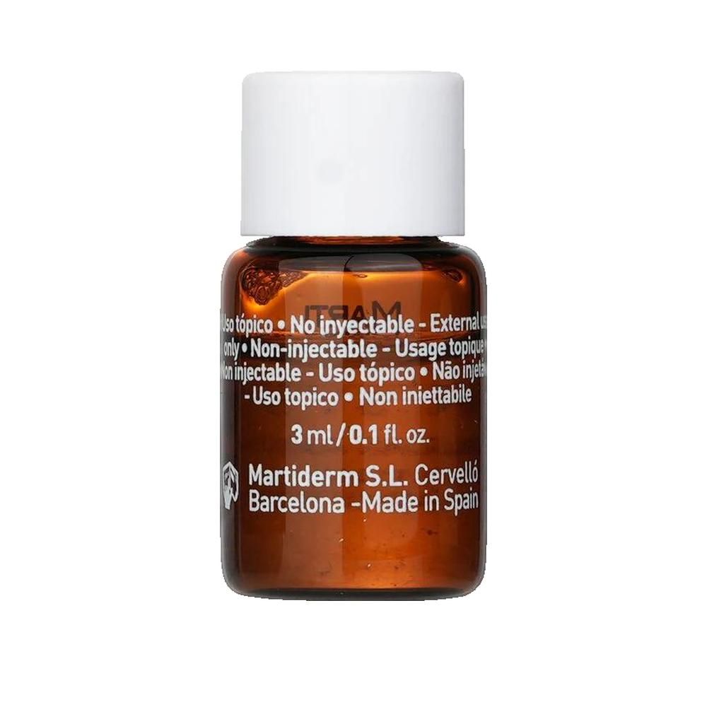 Braune Glasampulle mit weißem Deckel. Aufschrift: 3 ml/0.1 fl. oz. Marke Martiderm. Hergestellt in Spanien.