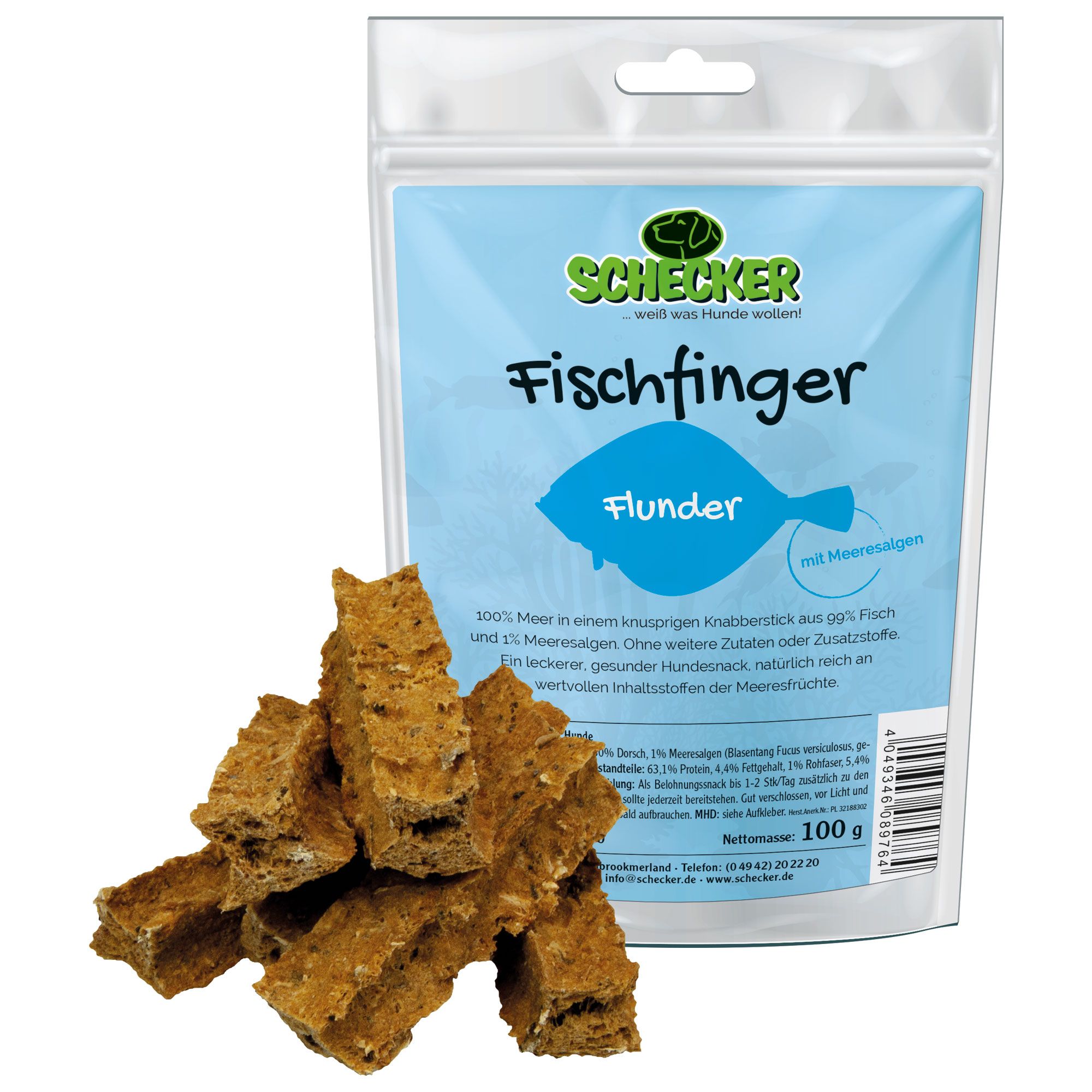 Schecker Hundesnack - Fischfinger mit 99 % Fisch - Flunder